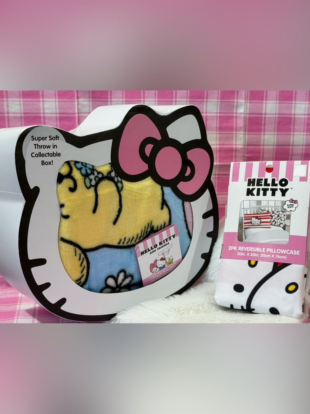 Sanrio Hello Kitty Plush Throw & Reversible Pillowcase Set - Pink, Yellow, Blue